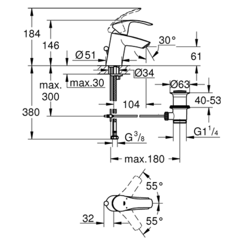 Grohe EH-WT-Batterie Eurosmart Standard m.Ablaufgarnitur verchromt | 33265002