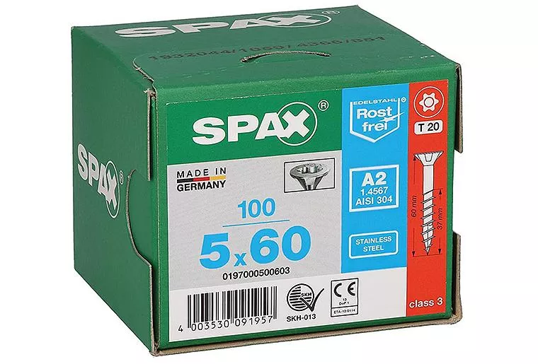 SPAX + Vorteilspaket WS , Senkkopfschrauben Edelstahl A2 Teilgewinde ø 5,0 x 60 mm, 1000 Stück + gratis WS BOX