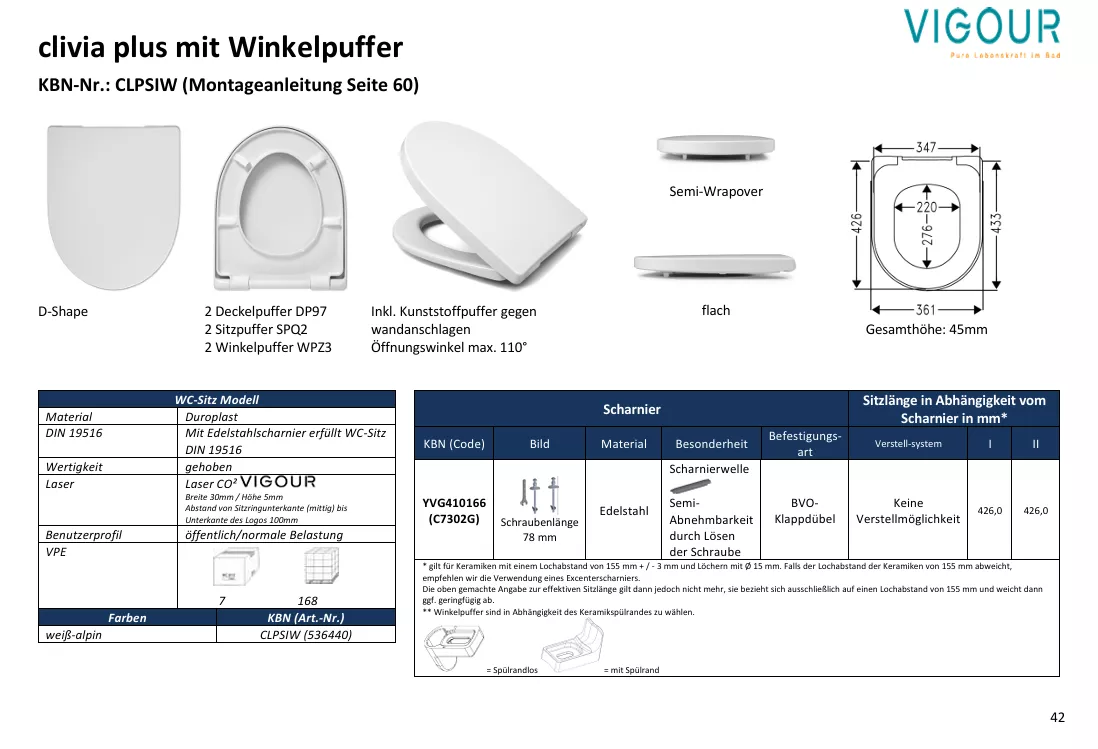 VIGOUR WC-Sitz clivia plus semi abnehmbar weiss | CLPSIW
