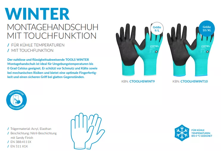  CONEL TOOLS WINTER LIGHT Montagehandschuh Gr.9 L- Gr.10 XL-Gr.11 XXL f. kühle Temperaturen