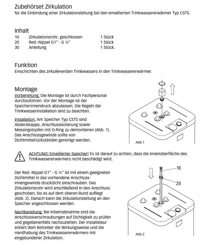 COSMO Zirkulationsset ZS fuer TS120/TS160 Thermenspeicher | CSZSTS