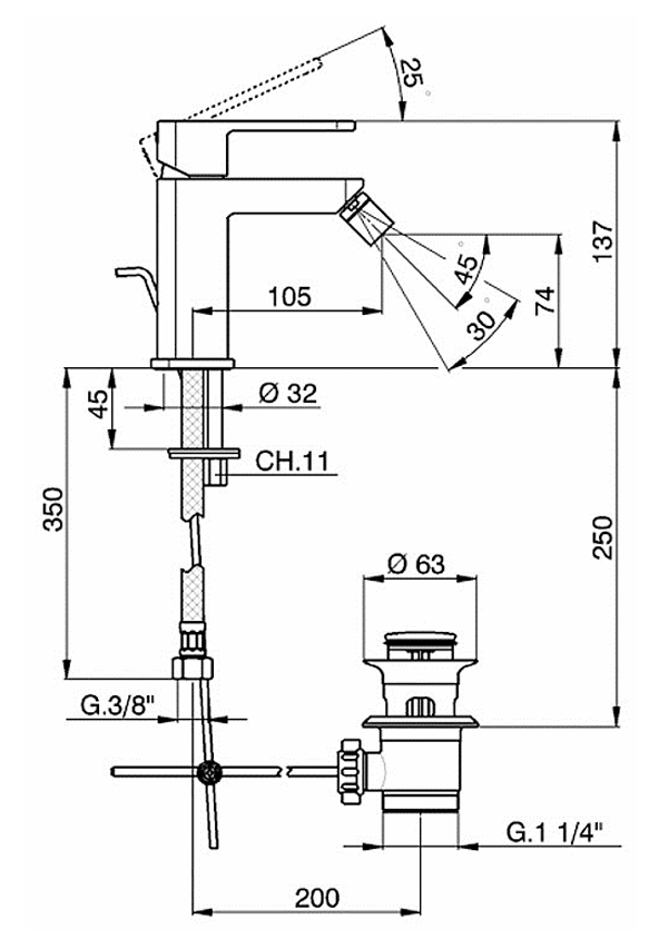 Evenes Bidetmischer Dokos Ausladung 105 mm chrom