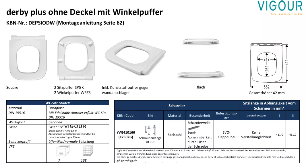 VIGOUR WC-Sitz derby plus ohne Deckel semi abnehmbar | DEPSIODW