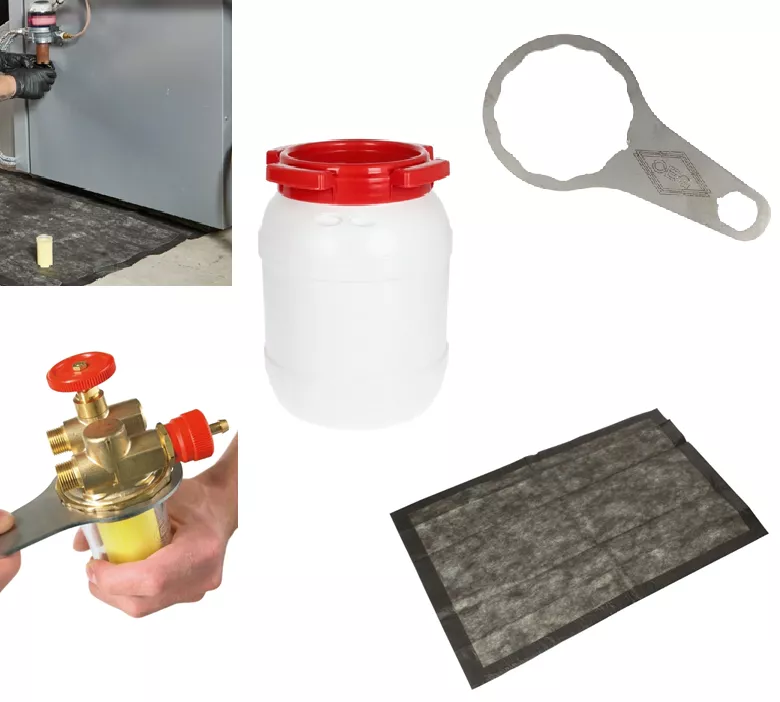 Profi Wartungs- u. Reparatur-Set für Ölbrenner & Ölkessel 6L-Behälter, Saugmatte, Ölfilterschlüssel