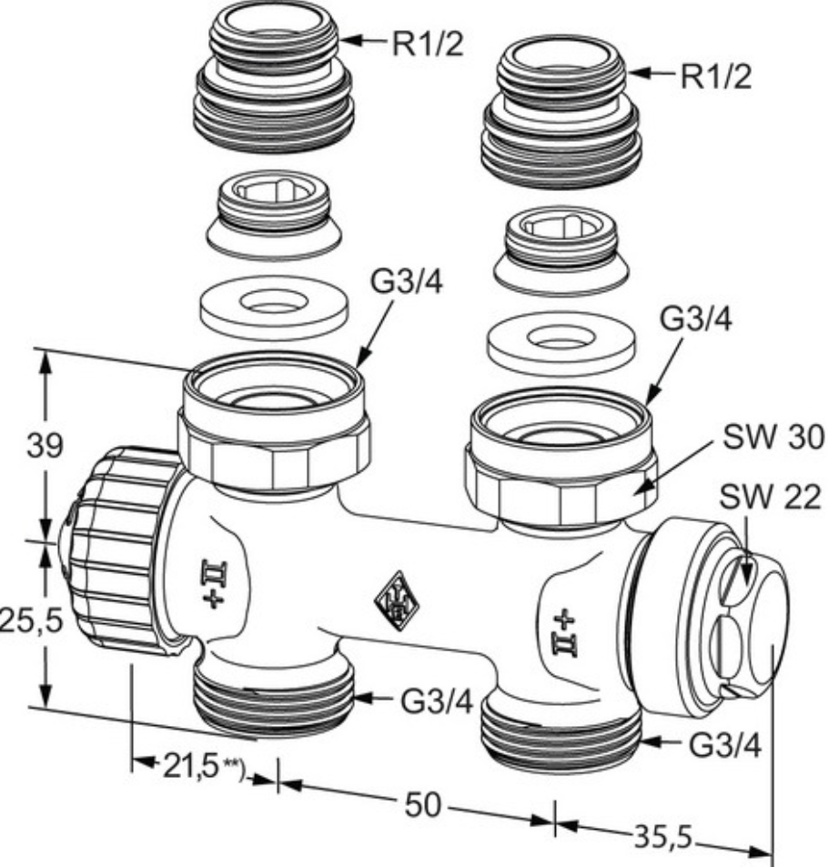 Heimeier Multilux 2-Rohr-Thermostat- Ventilunterteil DN 20 Durchgang IG 1/2" | 3850-02.000