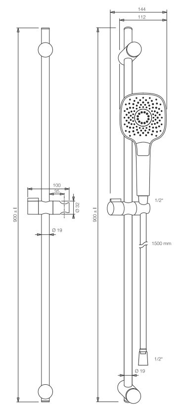 VIGOUR Brausegarnitur indiv. 2.2 m. Stange 90 cm kürzb.Schlauch u.Handbrause 3-fach softedge verchr.