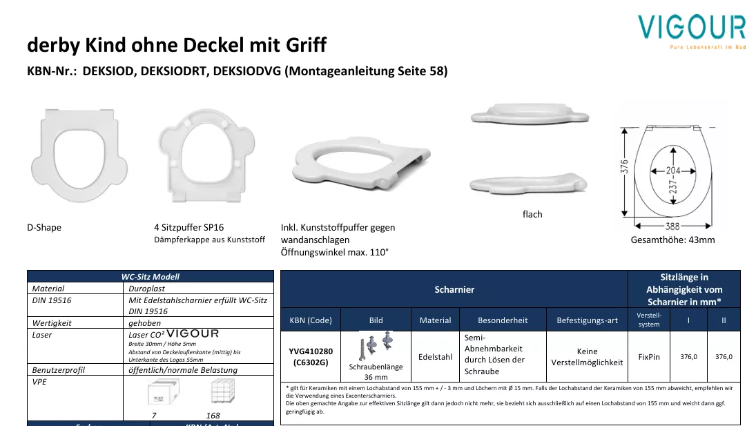 VIGOUR WC-Sitz derby Kind ohne Deckel mit Griff semi abn. | DEKSIODRT