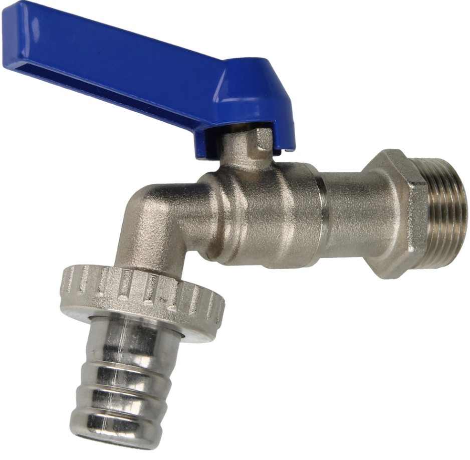 Wasserhahn Kugelauslaufventil 3/4", Griff blau messing vernickelt Alu-Druckguss
