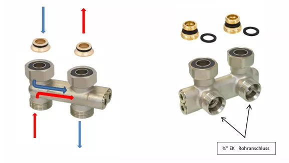 Umlenkstück Eckform mit Eurokonus-Einlegeteil, DN 20 (3/4"), absperrbar 