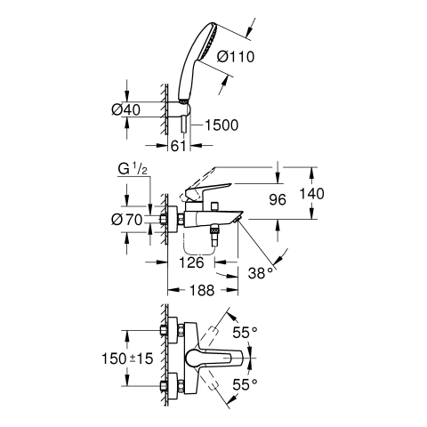 GROHE EH-Wannenbatt. Eurosmart 252763 Wandmontage mit Wandhalterset chrom | EUSMARTWWHS