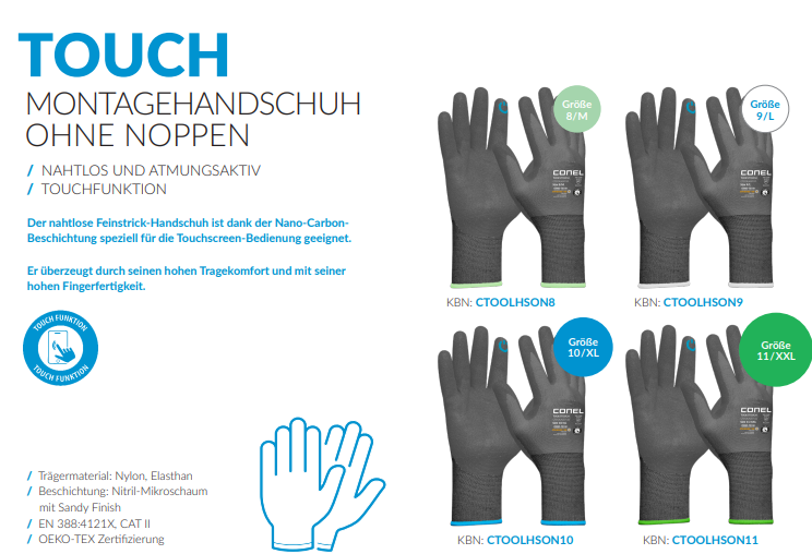 CONEL TOOLS TOUCH Montagehandschuh Gr.8 M-Gr.9 L-Gr.10 XL-Gr.11 XXL ohne Noppen mit Touchfunktion 