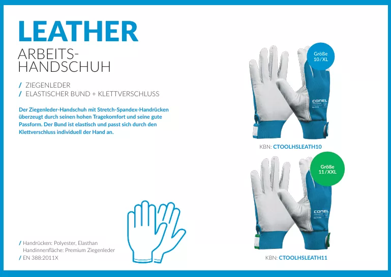 CONEL TOOLS LEATHER Arbeitshandschuh Gr. 10 XL Ziegenleder,elast. Bund + Klettv | CTOOLHSLEATH10