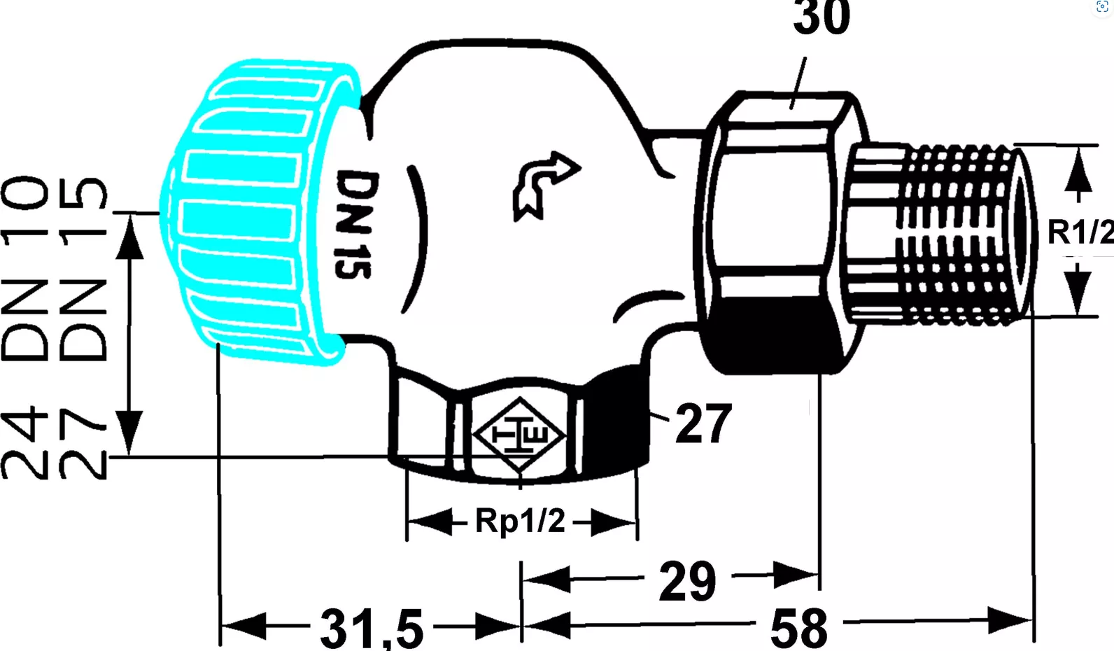 Heimeier Ventilunterteil 1/2" Axial vernickelt f.Einrohrheizung | HTEA15