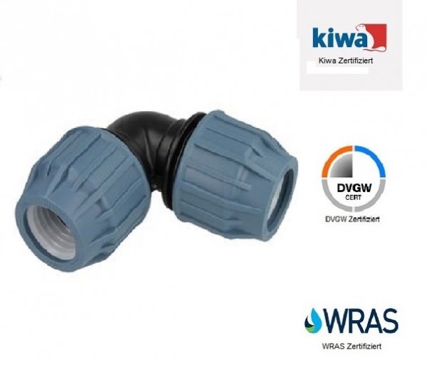PE-Fitting Klemmverbinder Winkel IG IG 16 bis 63 mm DVGW KIWA Zertifiziert